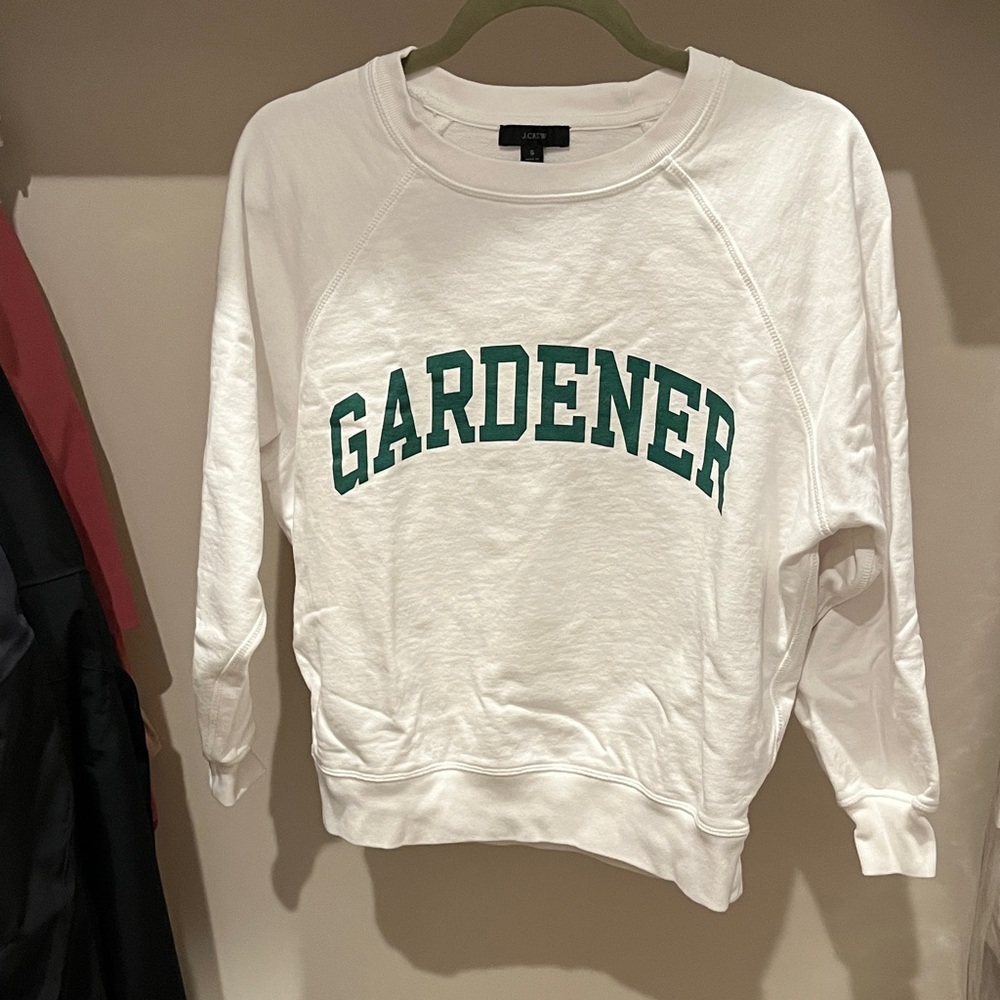 J. Crew White Crewneck Sweatshirt with Green "GARDENER" Print